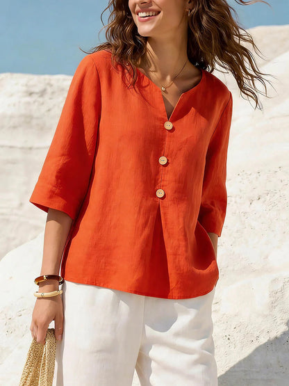 Linen-Blend Button-Front Top – Soft Textured 3/4 Sleeve Blouse