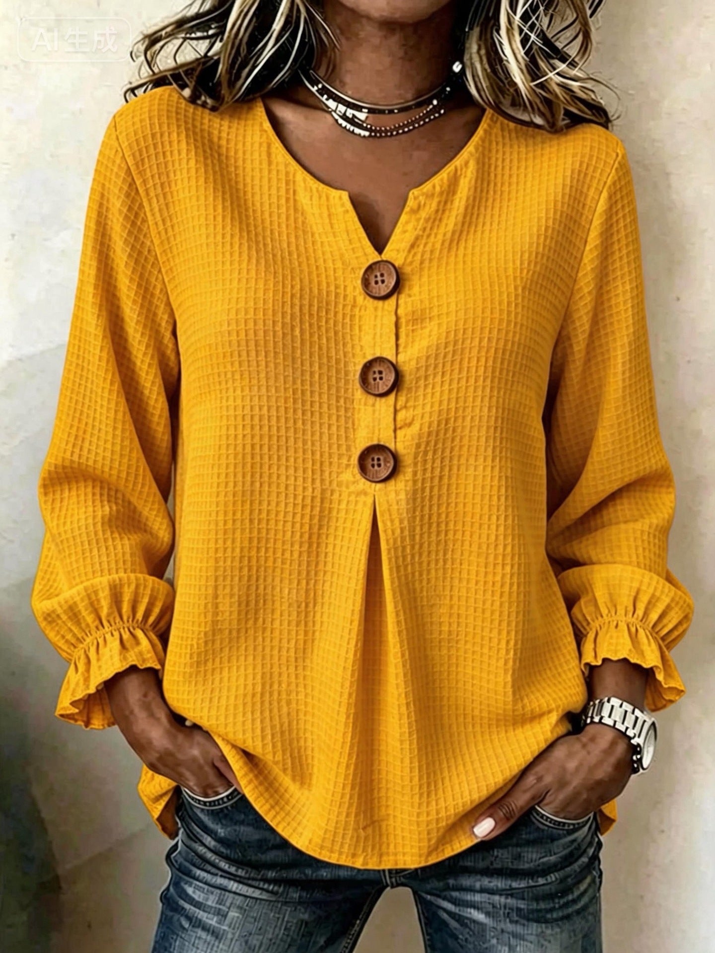 Textured Waffle Knit V-Neck Button Blouse