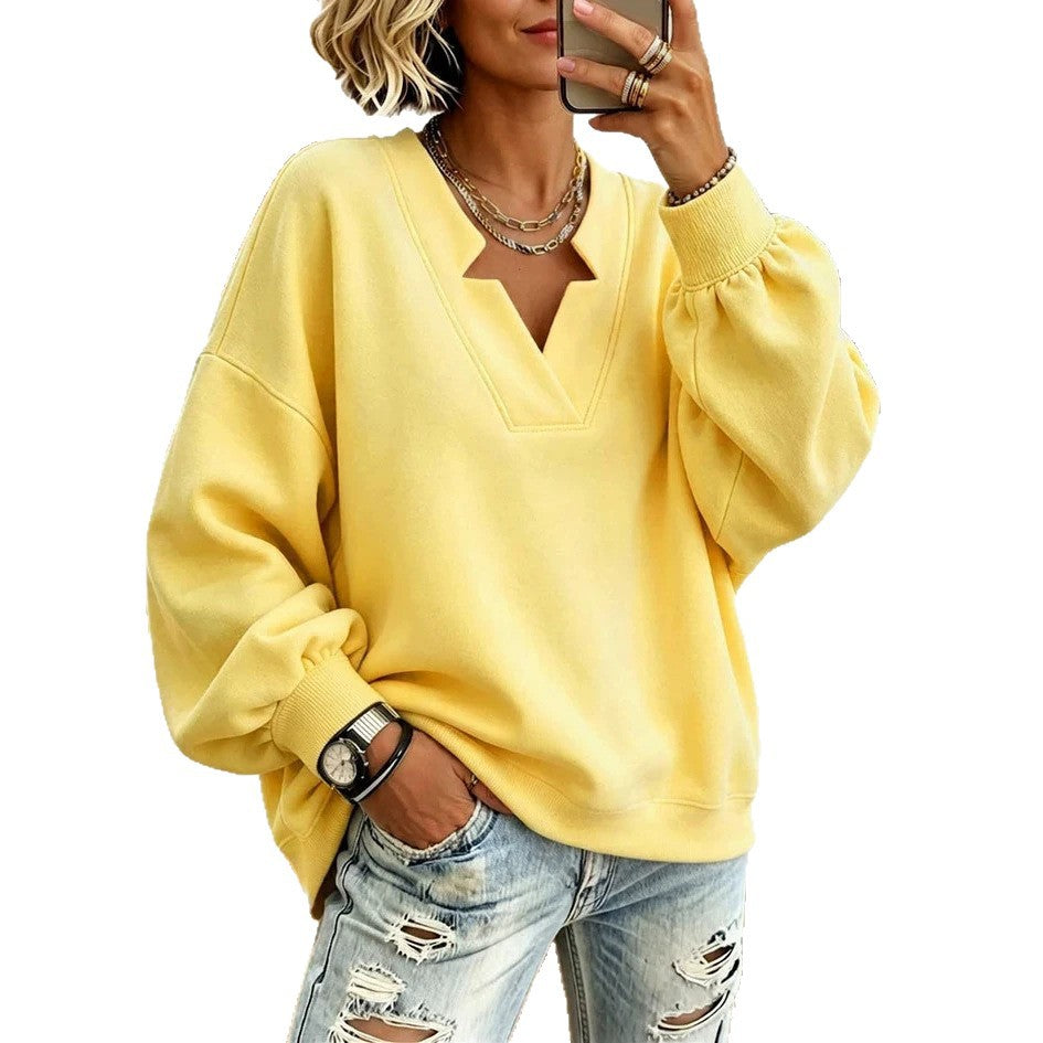 Women Solid Notched Split V-Neck Balloon Long Sleeve Oversized Sweatshirt