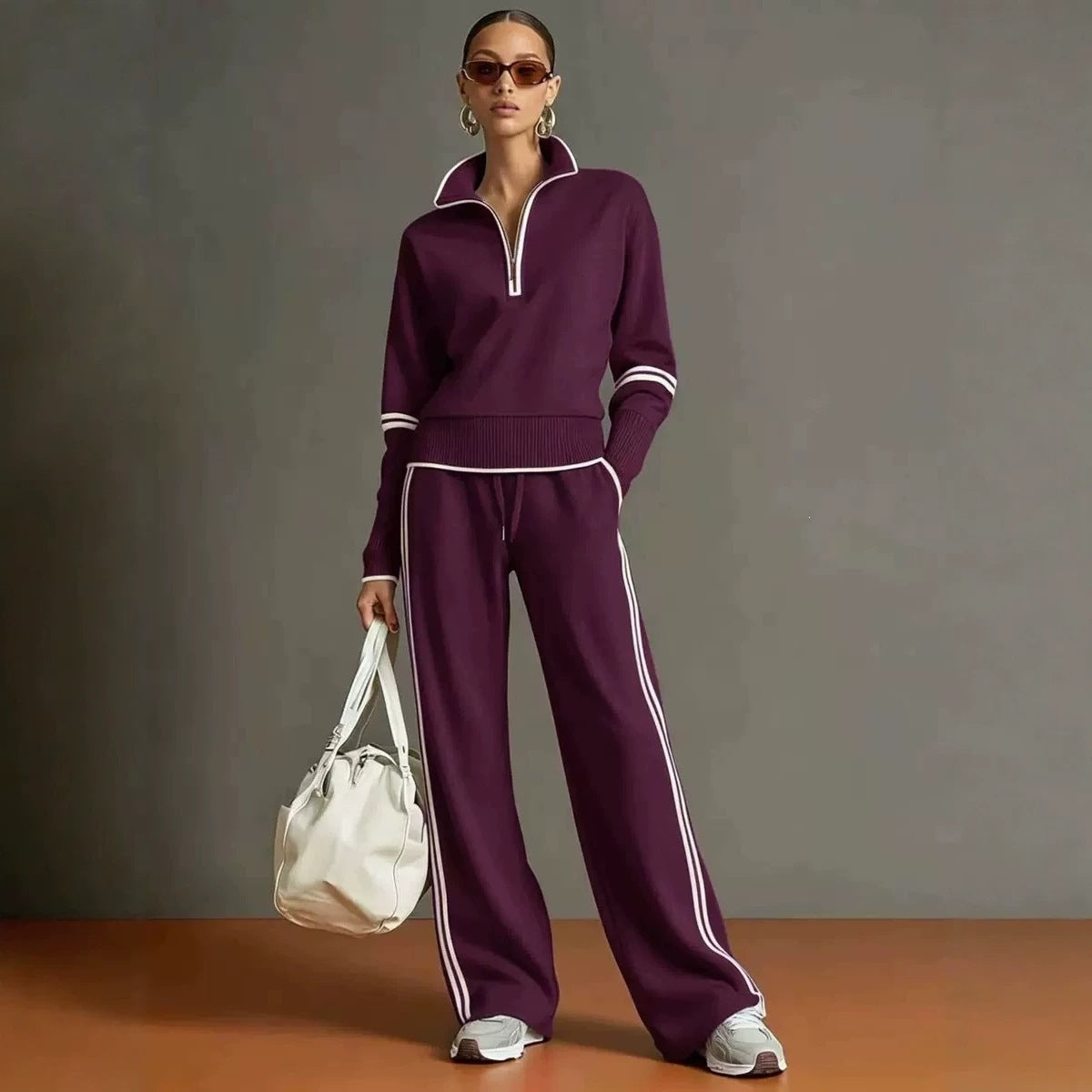 Casual Sports Suit Contrasting Color Stand-Up Collar Sweatshirt Wide-Leg Pants Suit