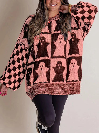Women's Halloween Ghost & Pumpkin Checkerboard Print Oversized Long Sleeve Knit Sweater