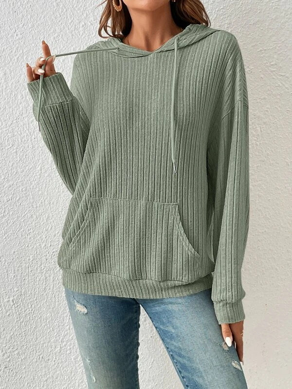 Ribbed Knit Casual Hoodie Top