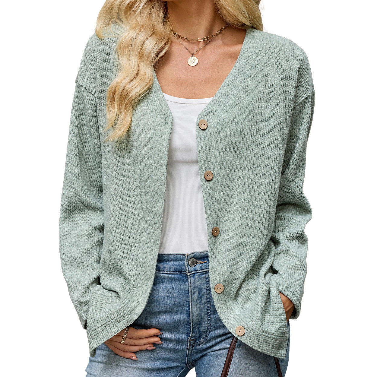 Button Front V-Neck Knit Cardigan
