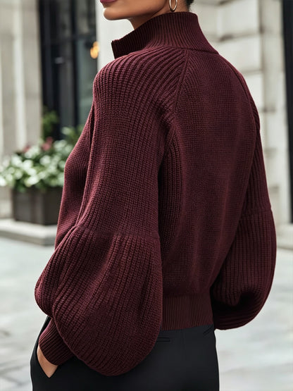 Burgundy Ribbed Knit Zip‑Up Balloon Sleeve Cropped Cardigan