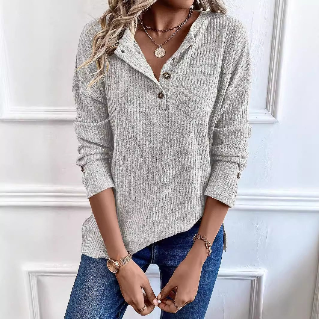 Vertical Rib Knit Henley Half Button Drop Shoulder Long Sleeve Casual Top