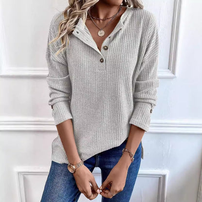 Vertical Rib Knit Henley Half Button Drop Shoulder Long Sleeve Casual Top