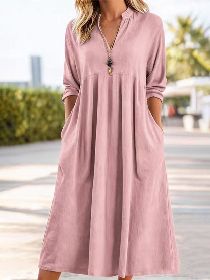Textured Linen Blend Stand Collar V-Neck Babydoll Midi Dress