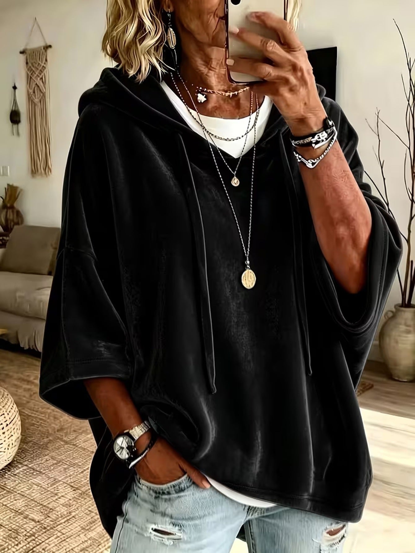 Velvet Drawstring Hooded Three-Quarter Sleeve Top