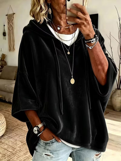 Velvet Drawstring Hooded Three-Quarter Sleeve Top