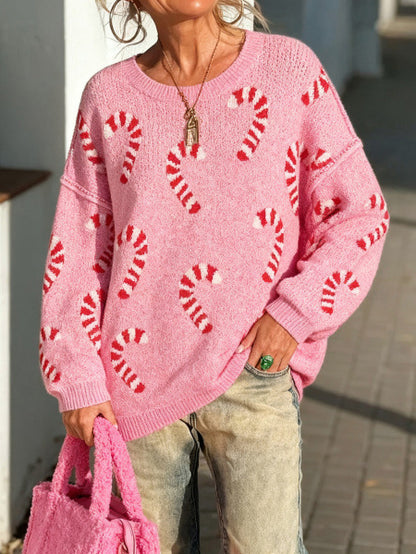 Women's Plus Size Crew Neck Candy Cane Print Long Sleeve Christmas Knit Sweater