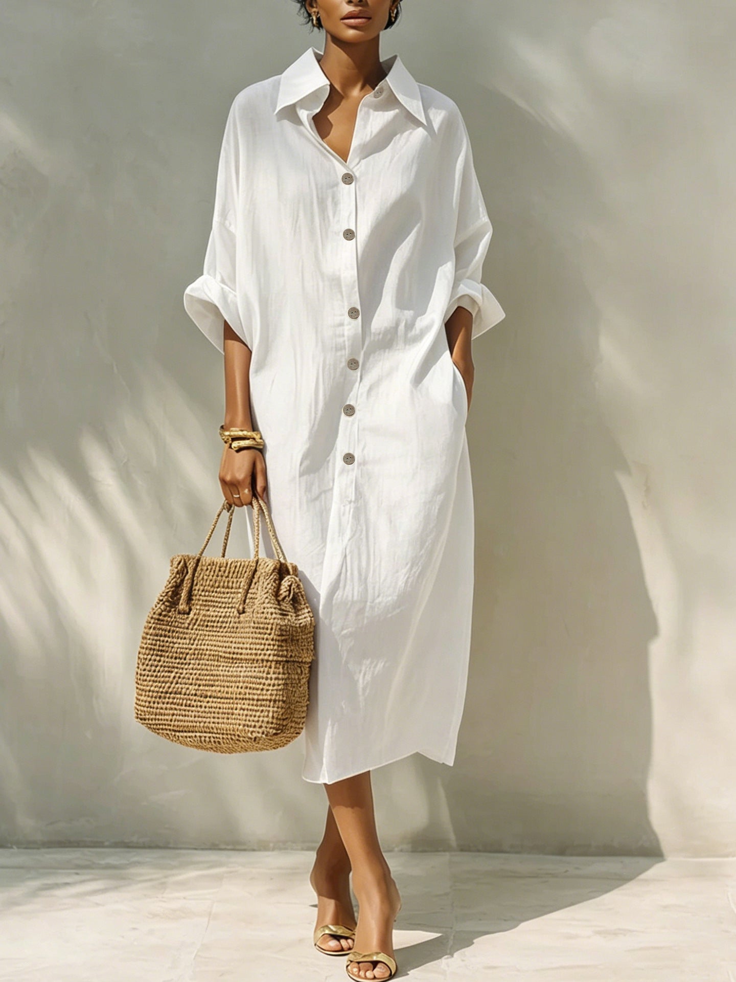 Relaxed Button Front Linen Shirt Midi Dress