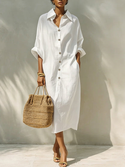 Relaxed Button Front Linen Shirt Midi Dress