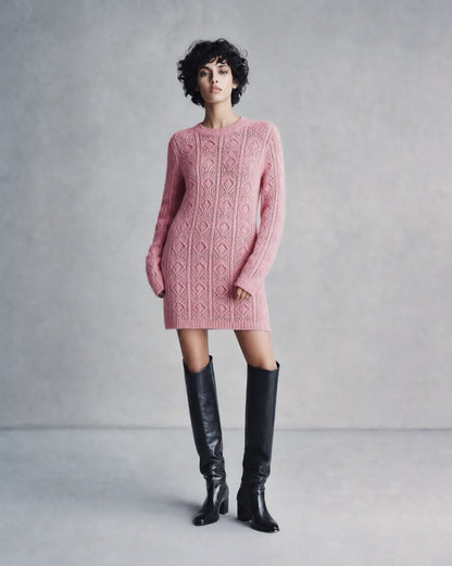 Cable Knit Crew Neck Long Sleeve Mini Sweater Dress