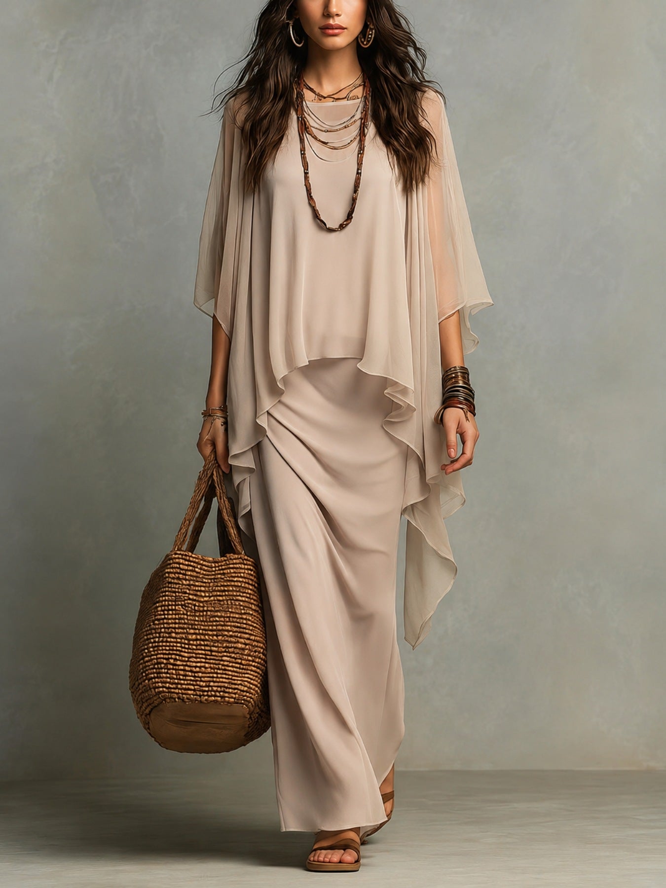 Flowy Linen Blend Poncho Top & Skirt Set