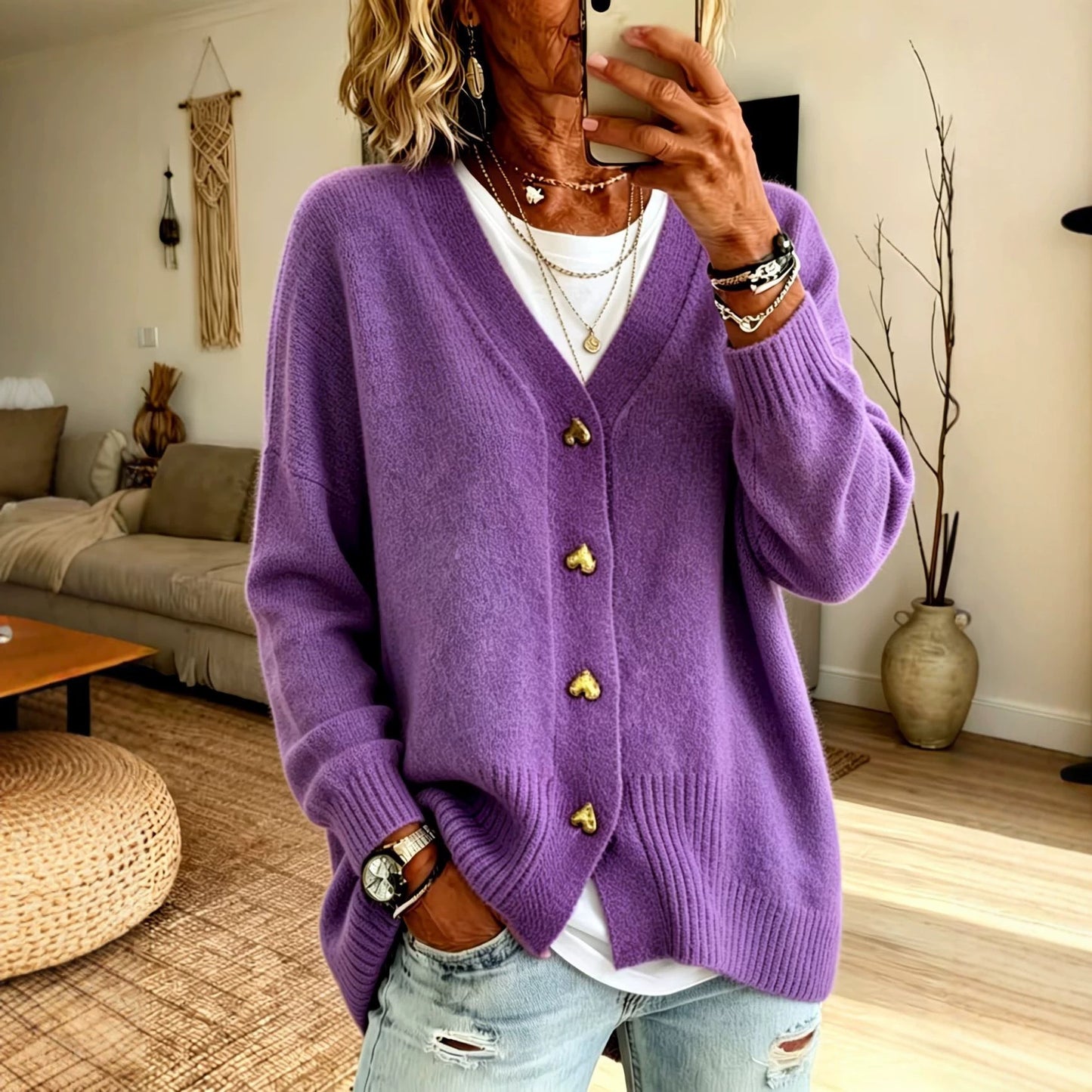 Heart Button V Neck Knit Cardigan