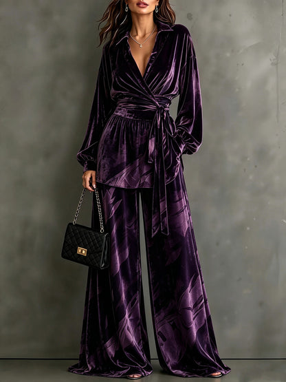 Velvet Wrap Blouse & Wide-Leg Pant Set – Printed Two-Piece