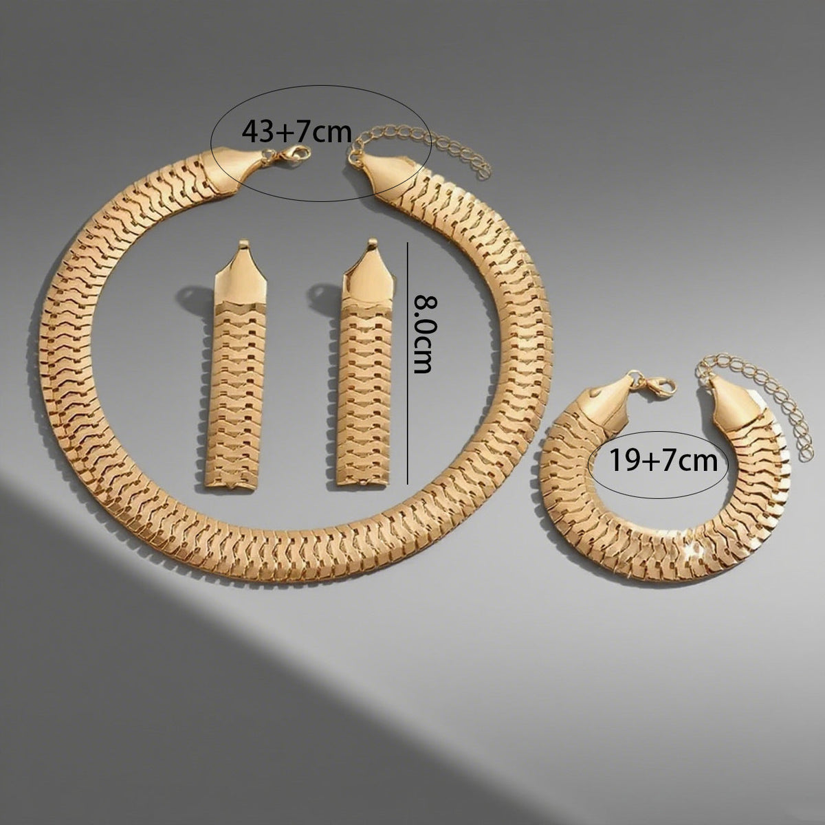 Wide Snake Scale Herringbone Jewelry 3-Piece Set Necklace Bracelet Drop Earrings