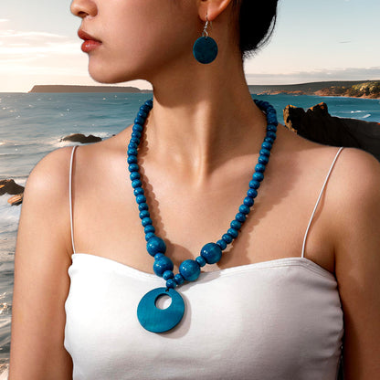3pcs Jewelry Sets Fashionable Handmade Wood Beaded Necklace and Earrings Women’s Jewelry - Peacock blue