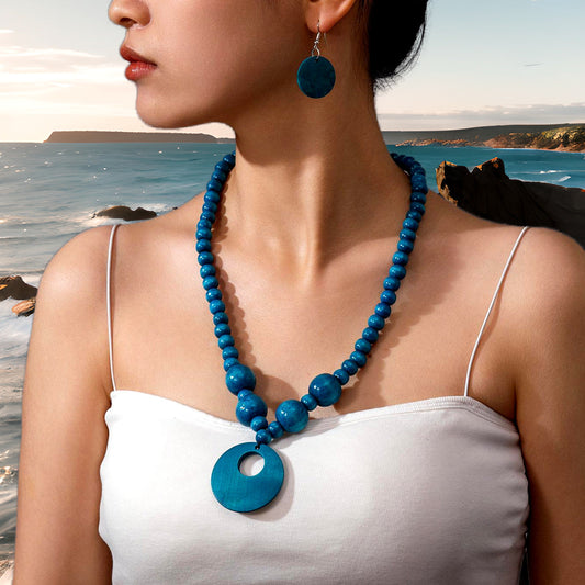 3pcs Jewelry Sets Fashionable Handmade Wood Beaded Necklace and Earrings Women’s Jewelry - Peacock blue