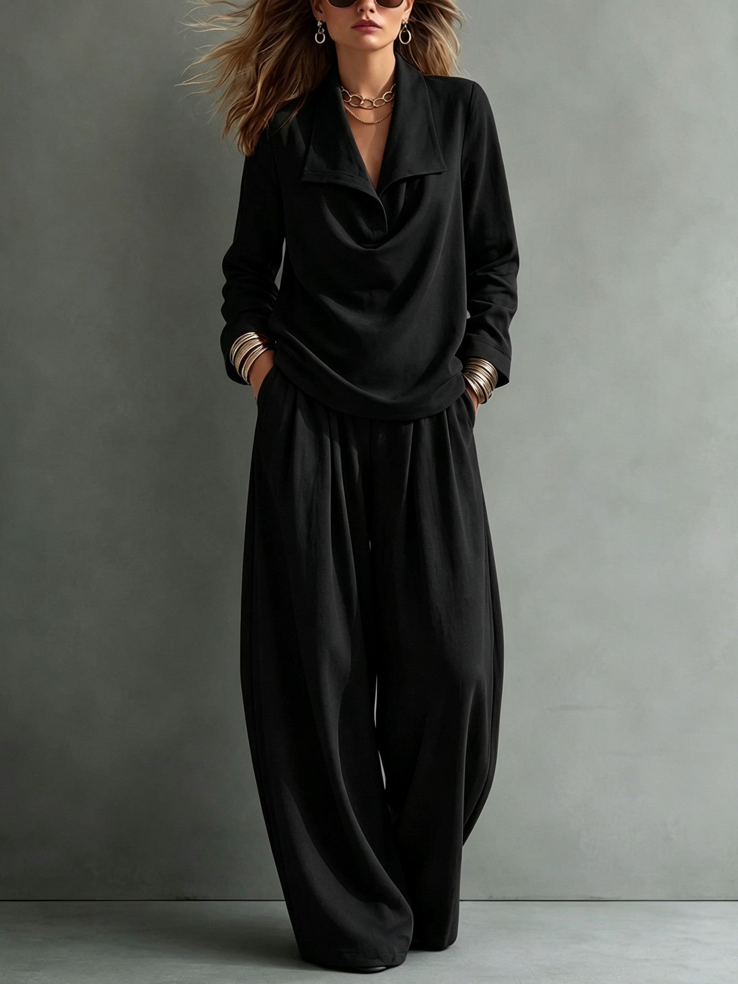 Draped Lapel Casual Matching Two Piece Set
