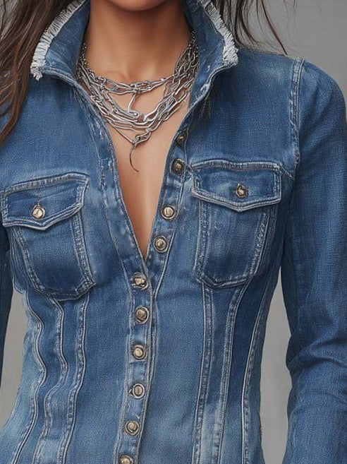 Frayed-Edge Fitted Denim Jacket — Medium Wash