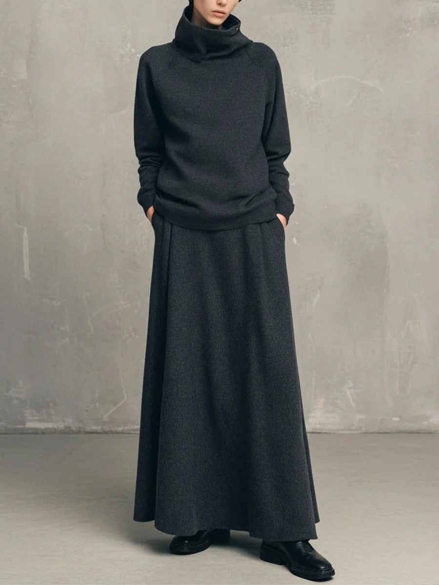 Elegant Neutral Knit Co-ord Set Funnel Neck Sweater Pleated Long Skirt