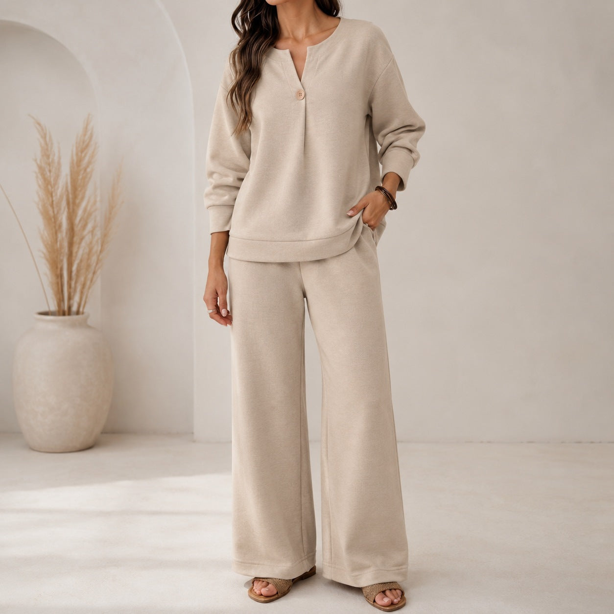 Fashion Loose Long-Sleeved Tops Wide-Leg Pants Casual Two-Piece Set For Women