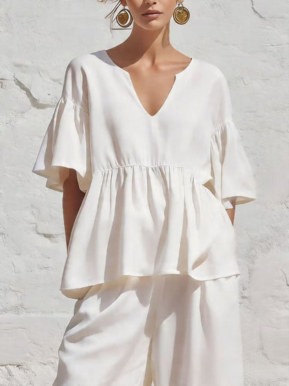 V-Neck Ruffle Sleeve Peplum Blouse