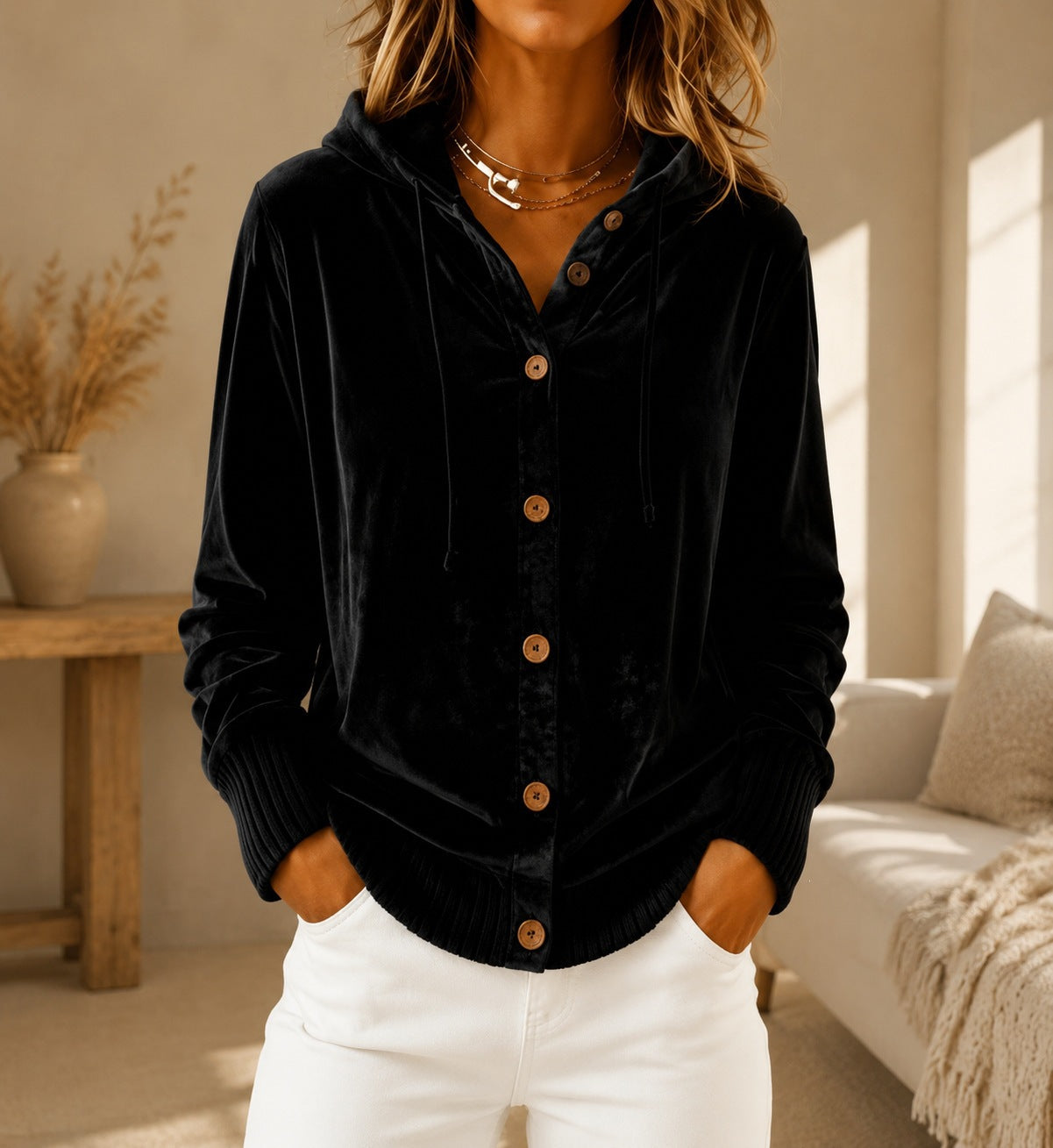 Velvet Hooded Button Front Rib Cuff Cardigan