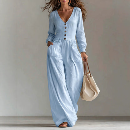 V-Neck Button Front Wide Leg Jumpsuit