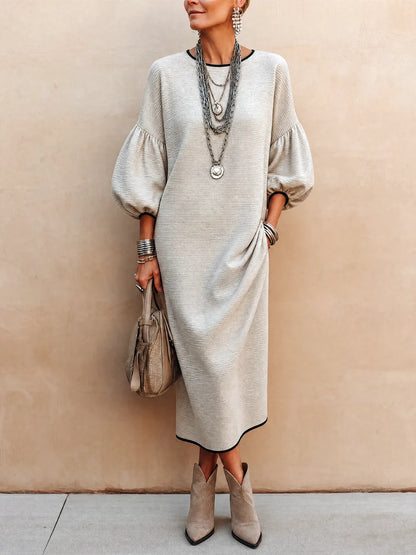 Elegant Solid-color Crew Neck With Puff Sleeves Maxi Dress