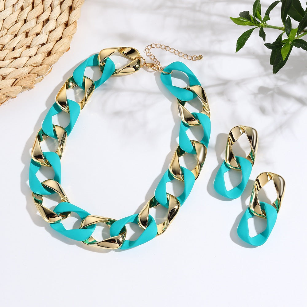 3pcs/set Resin Eight-character Twist Link Chain Fashionable Lady’s Necklace Earrings And Jewelry Set - Sky blue