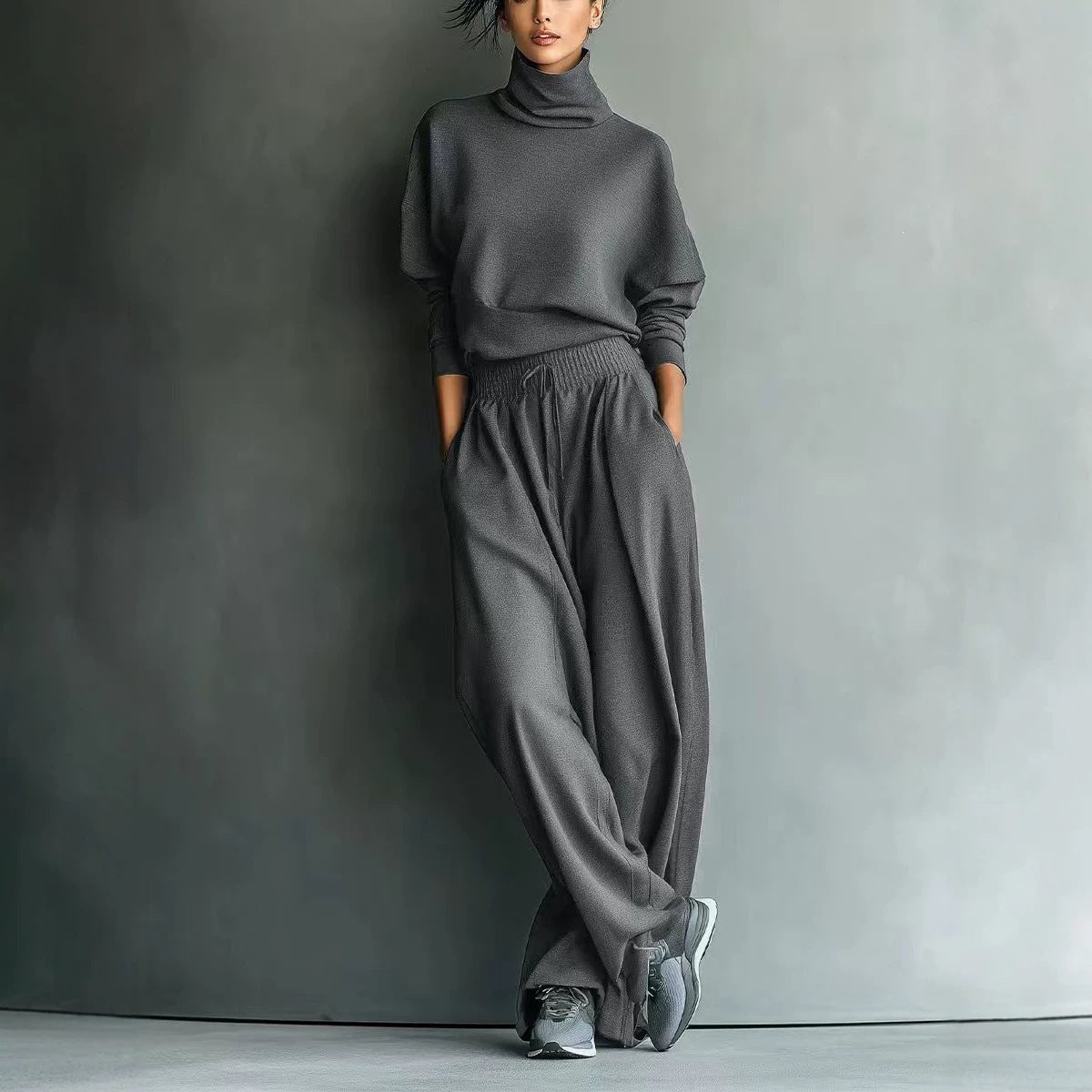 Turtleneck Oversized Knit Top & High Waist Wide Leg Pants Loungewear Set