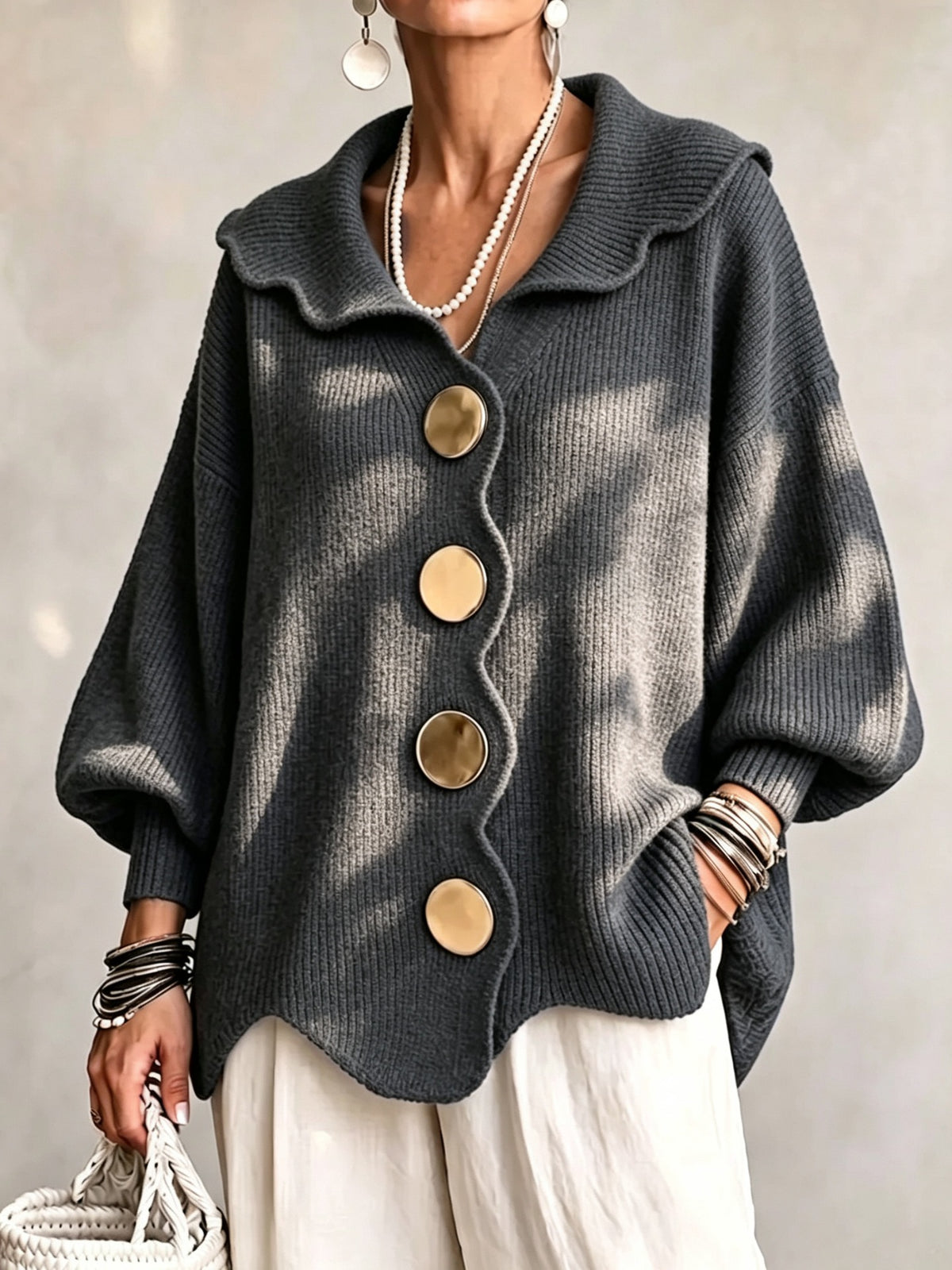 Oversized Scallop-Collar Button Knit Cardigan