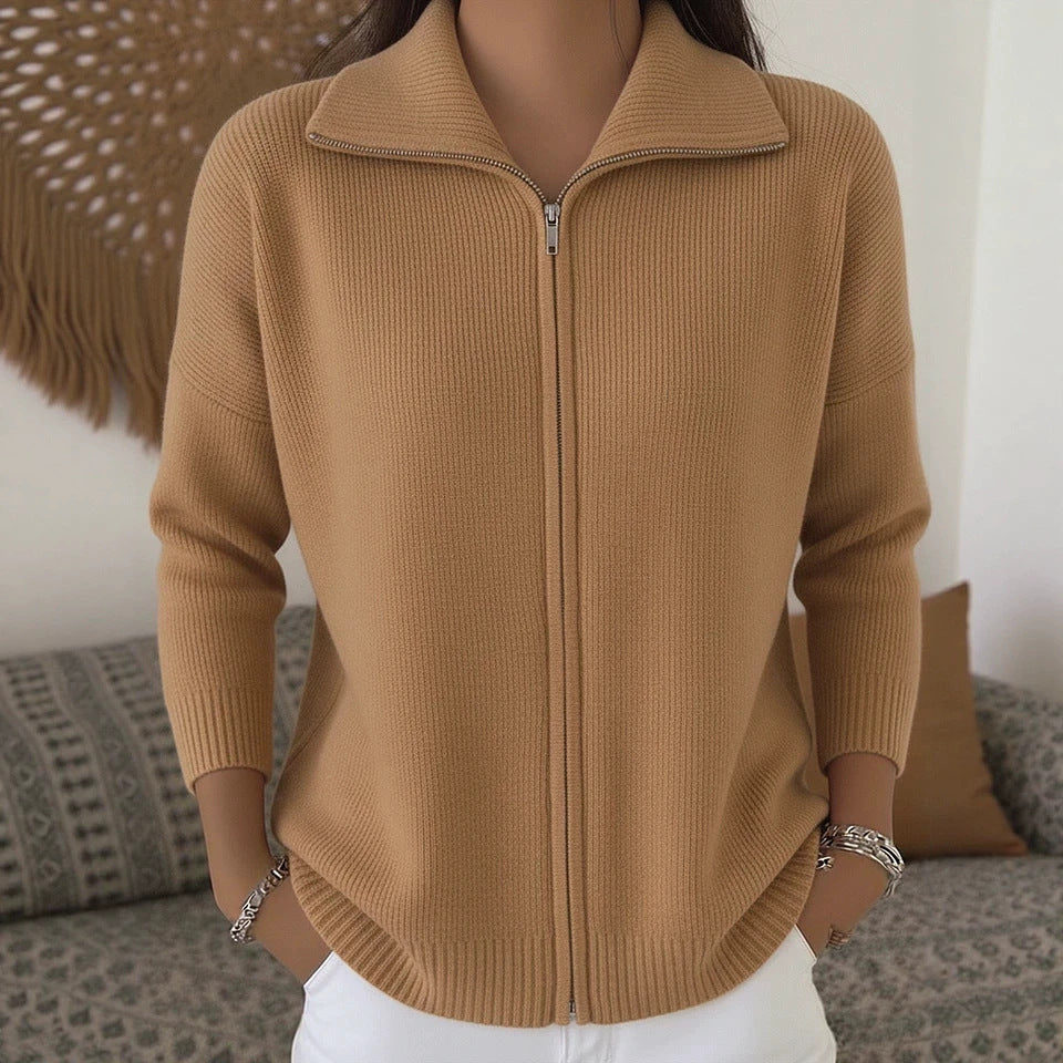 Full Zip Ribbed Knit Collared Cardigan