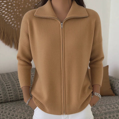 Full Zip Ribbed Knit Collared Cardigan