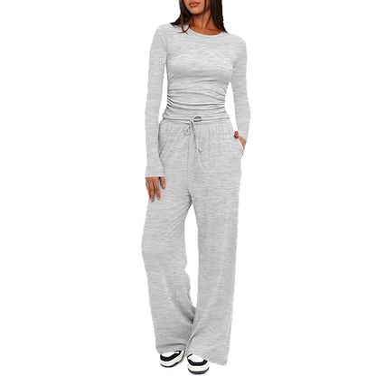 Ruched Long Sleeve Top & Drawstring Waist Pocket Wide Leg Pants Two Piece Set