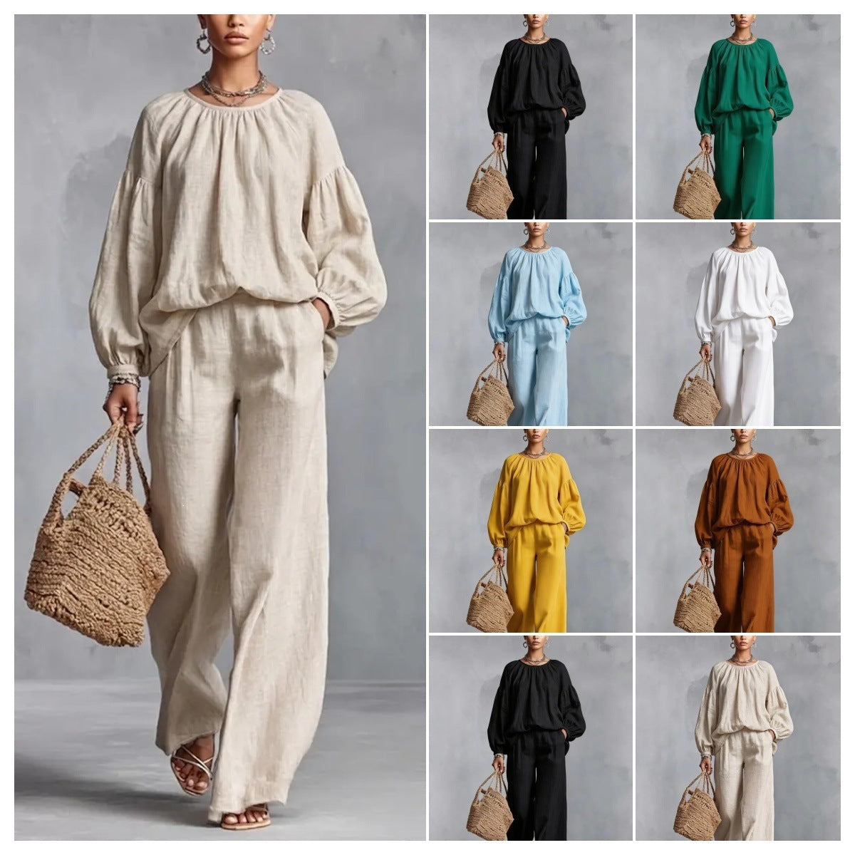 Elastic Neck Linen Blend Matching Two Piece Set