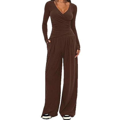 Women Solid Wrap V Neck Ruched Long Sleeve Top Elastic High Waist Pocket Wide Leg Casual Loungewear Co-ord Set