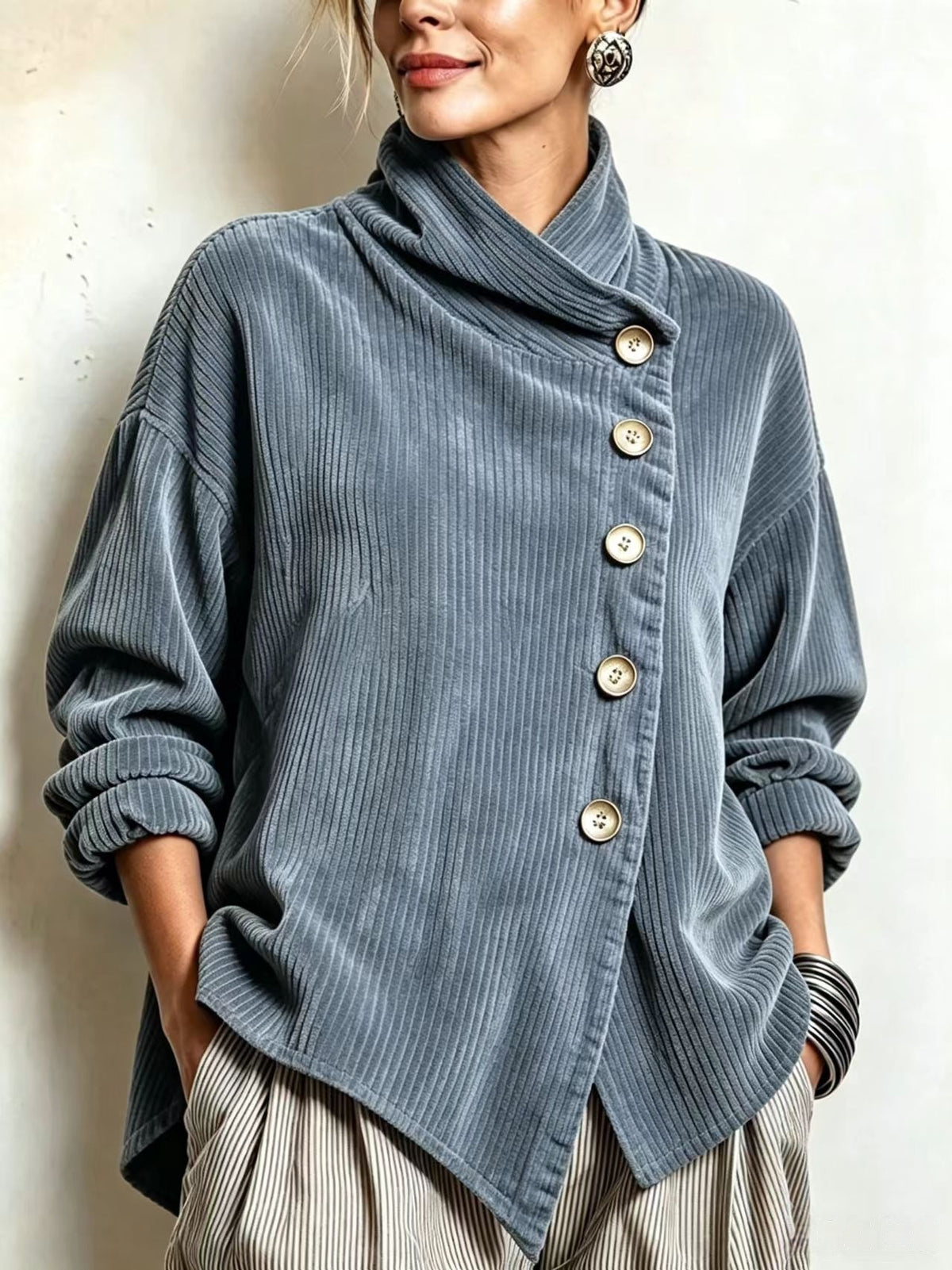 Chic High Funnel Neck Asymmetric Corduroy Top