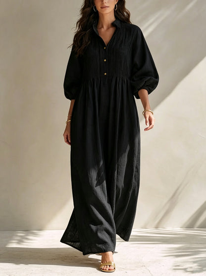 Pintuck Collar Maxi Dress with Balloon Sleeves