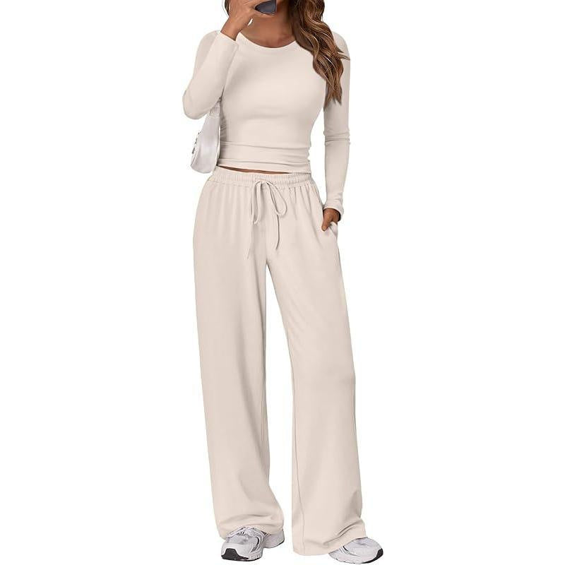 Ruched Long Sleeve Top & Drawstring Waist Pocket Wide Leg Pants Two Piece Set