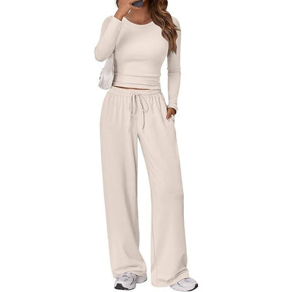 Ruched Long Sleeve Top & Drawstring Waist Pocket Wide Leg Pants Two Piece Set