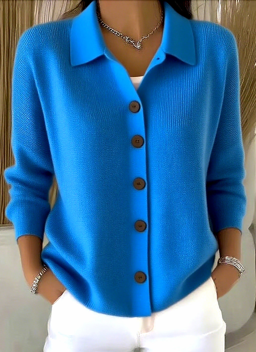 Collar Wooden Button Knit Cardigan