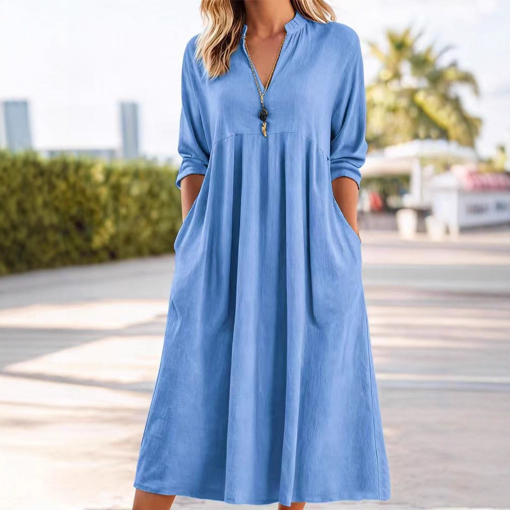 Textured Linen Blend Stand Collar V-Neck Babydoll Midi Dress