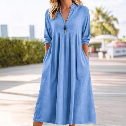 Textured Linen Blend Stand Collar V-Neck Babydoll Midi Dress