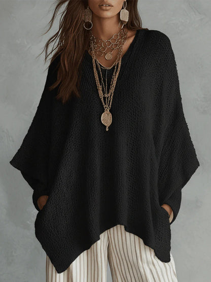 V-Neck Open Knit Oversized Batwing Long Sleeve Sweater Top