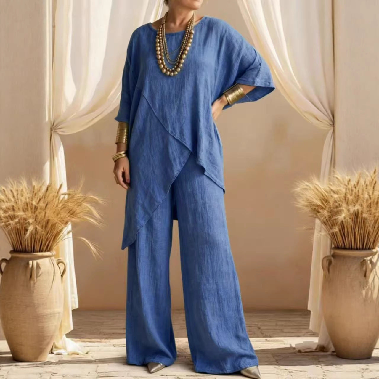 Linen Asymmetric Overlap Top & Wide Leg Pants Two Piece Set