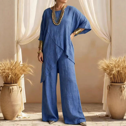 Linen Asymmetric Overlap Top & Wide Leg Pants Two Piece Set