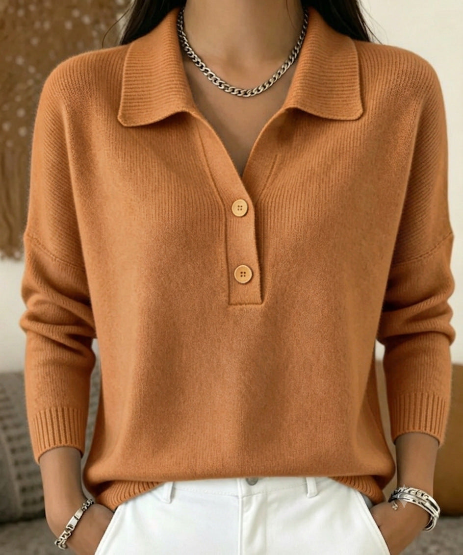 Polo Collar Half Button Fine Knit Long Sleeve Sweater